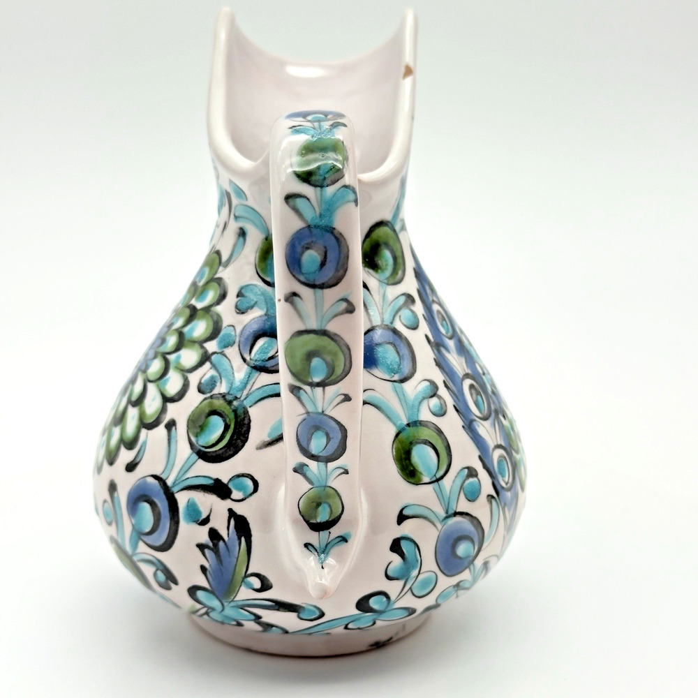 Vintage Ikaros Pottery Hand Painted Pitcher Rhodes Greece White Blue Green - Picture 4 of 10